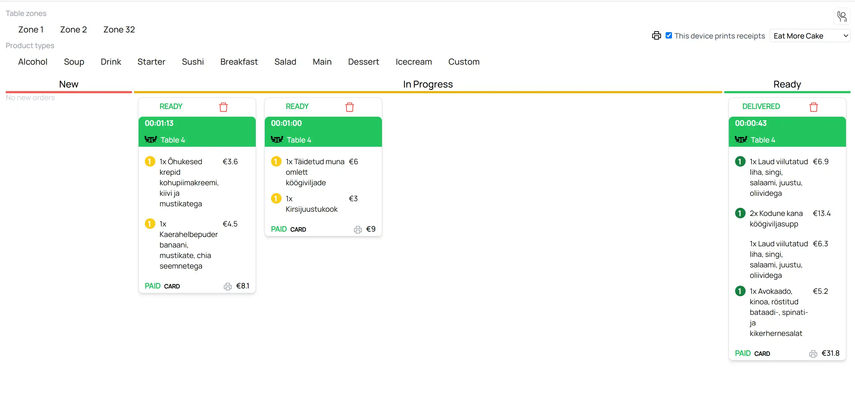 Mulle admin — kitchen display with real-time order tracking