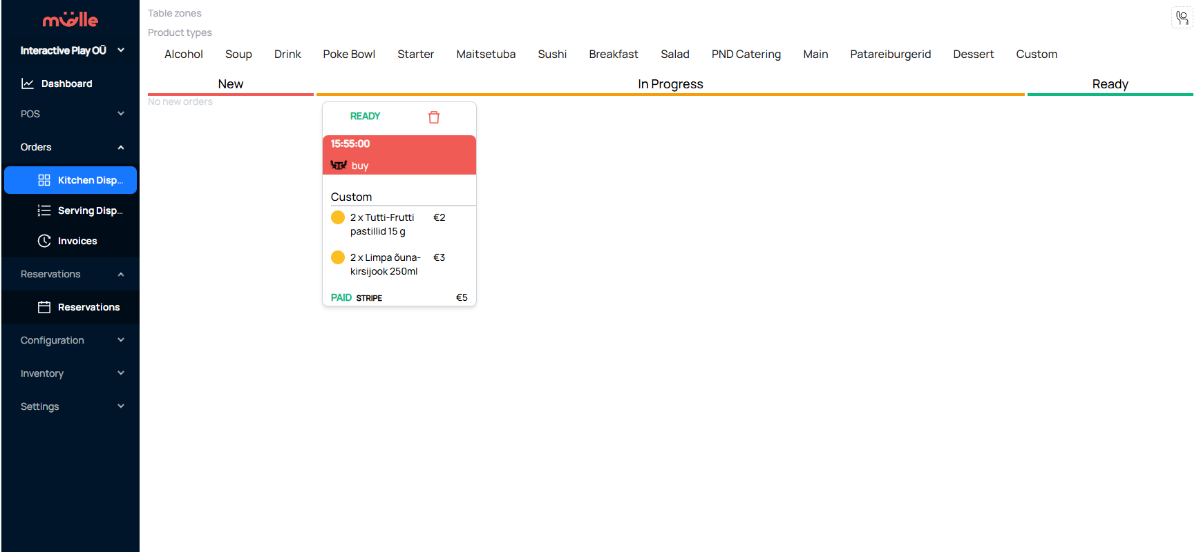 Mulle admin — kitchen display with real-time order tracking