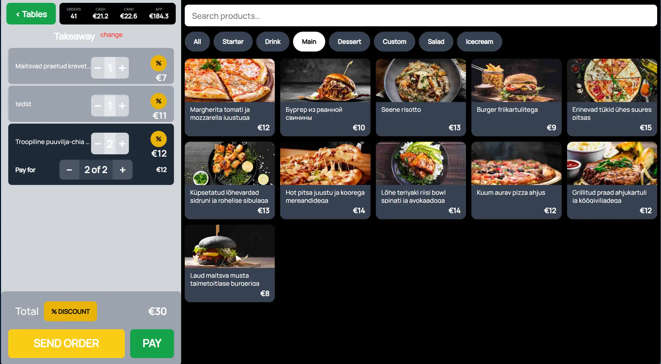 Mulle POS — floor plan with live table status, payments and settlements