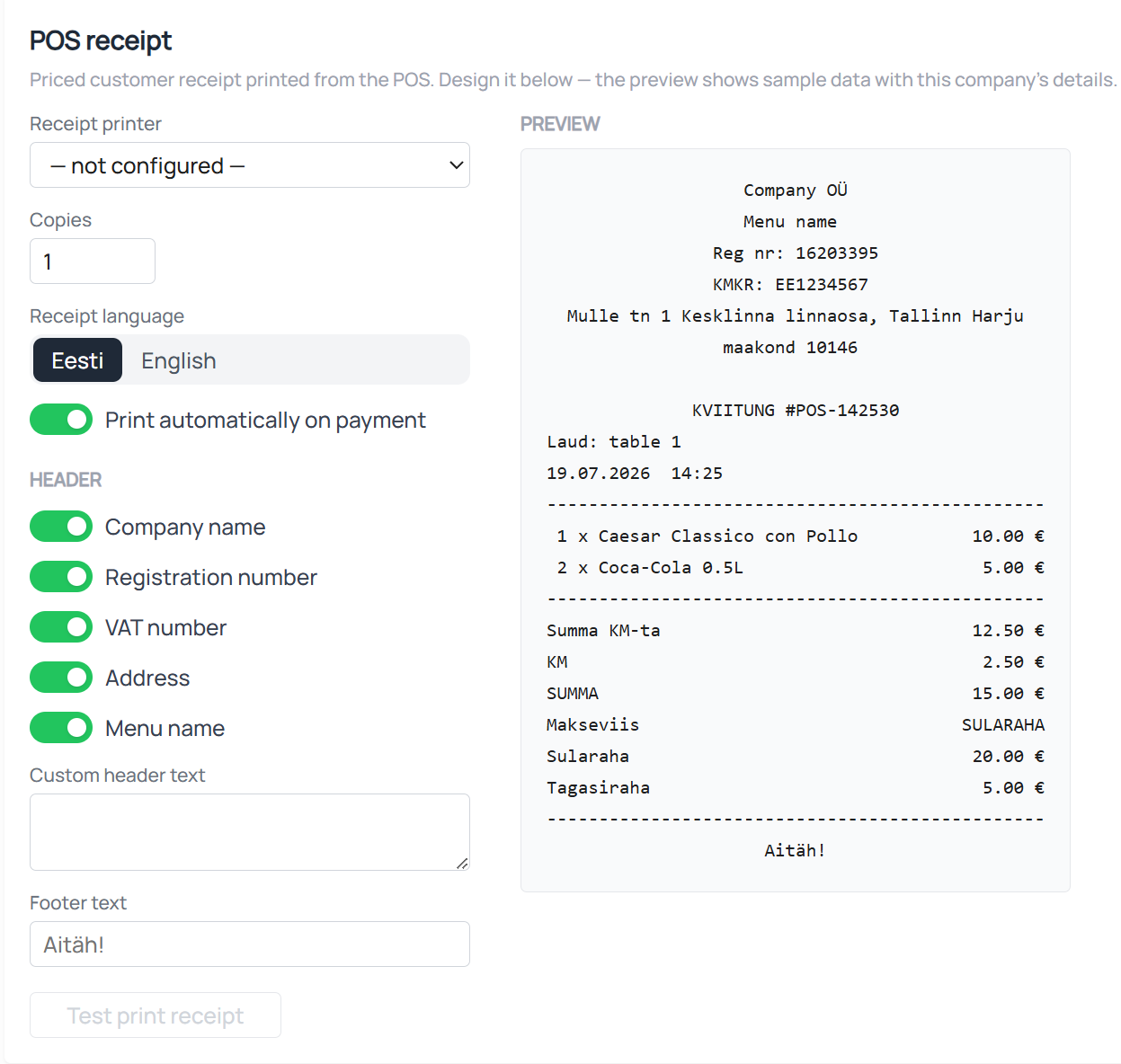 Mulle receipt designer — configure header, language and content with a live receipt preview