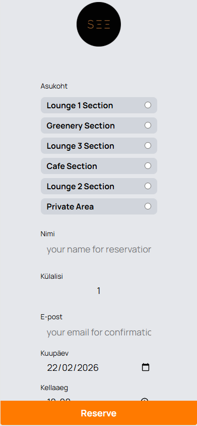 Mulle table reservation — zone selection, date and time picker