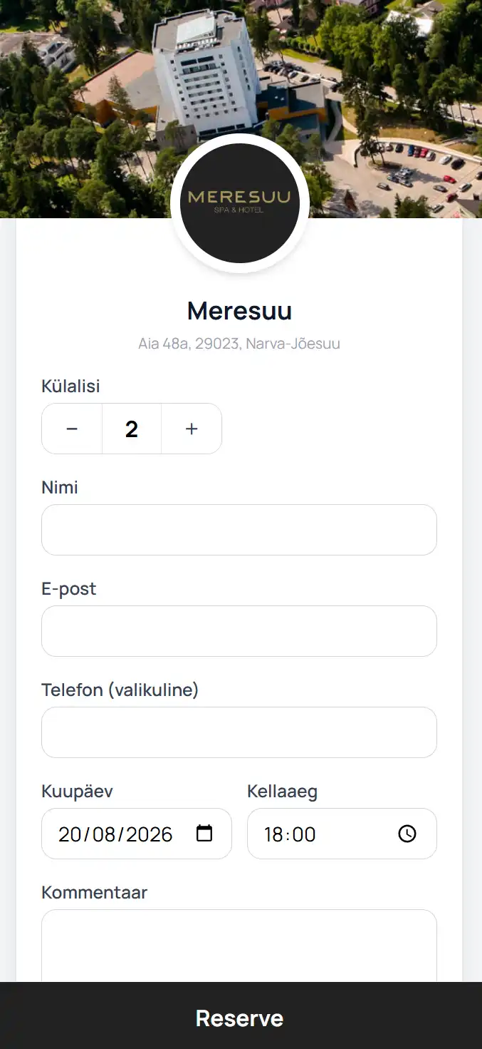 Mulle table reservation — zone selection, date and time picker